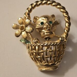Vintage Gold Crown  Flower Basket Kitten Cat Trembler Brooch Pin Rhinestone Eyes